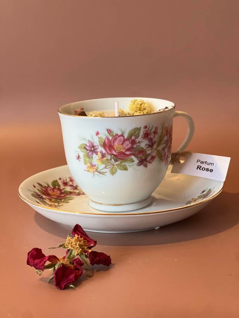 Bougie tasse vintage parfum Rose vanillée